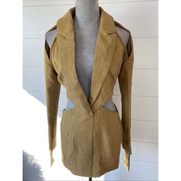 PLT Label Mustard Strap Sleeve Detail Cut Out Blazer Dress Size 4 - Picture 5 of 14